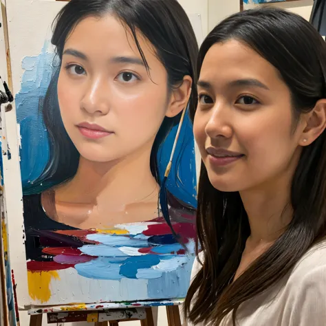 An artist is painting a self-portrait,tanakahitomi