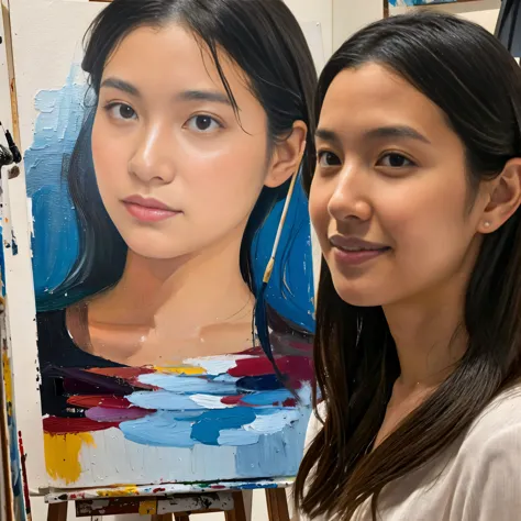 An artist is painting a self-portrait,tanakahitomi