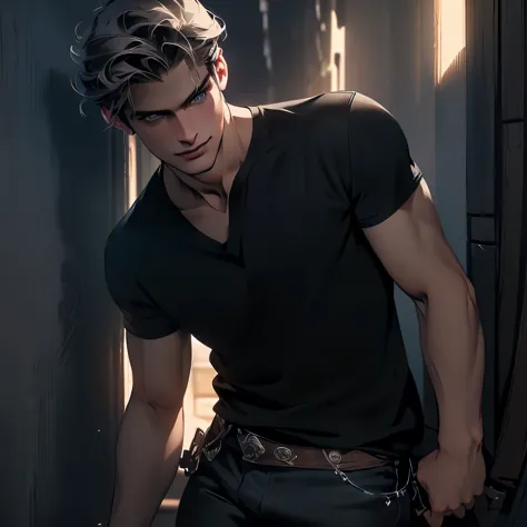 a handsome European male in early twenties leaning on wall with tender smile, short ((grayish khaki hair)), dark blue eyes, (dynamic pose:1.5), (cowboy shot:1.5), wearing (((black V-neck T-shirts))) and dark brown leather pants with engineer boots, busy af...