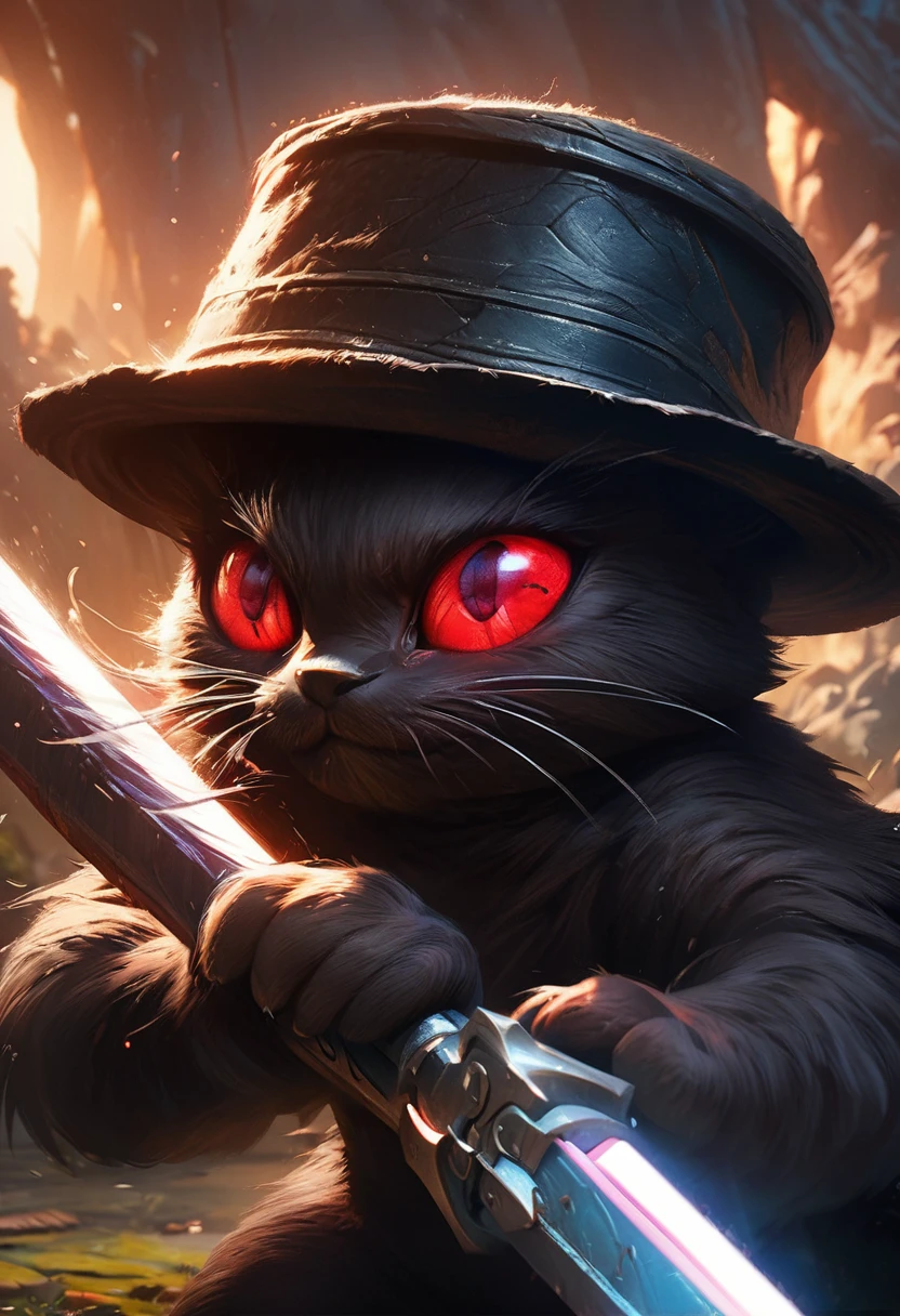a black cat,Red eyes,wearing black hat,Wielding a long sword,(((Prepare to attack))),Pixar-style concept art, (role conception), fantasy art style,anime aesthetics, Realistic lighting depiction, intense close-up, saturated color ， （（（masterpiece）））， （（best quality））， （8K）