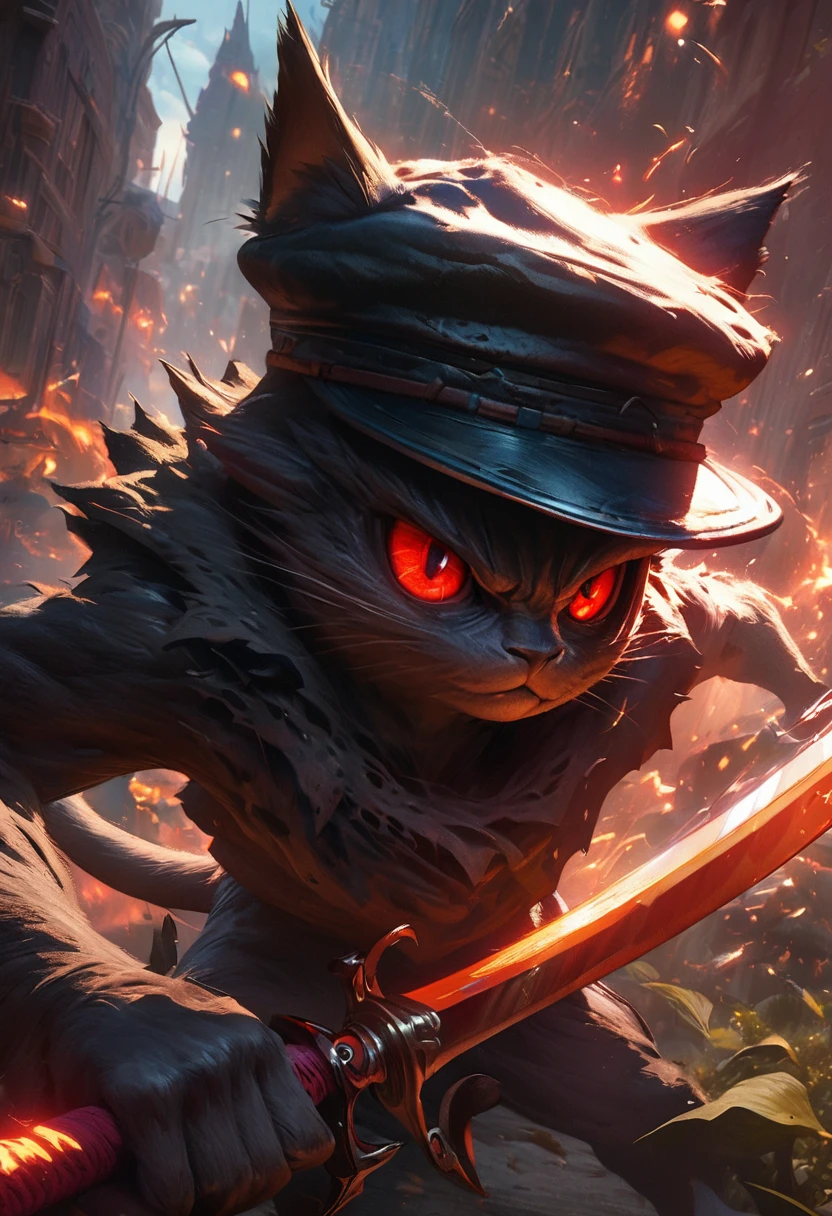 a black cat,Red eyes,wearing black hat,Wielding a long sword,(((Prepare to attack))),Pixar-style concept art, (role conception), fantasy art style,anime aesthetics, Realistic lighting depiction, intense close-up, saturated color ， （（（masterpiece）））， （（best quality））， （8K）
