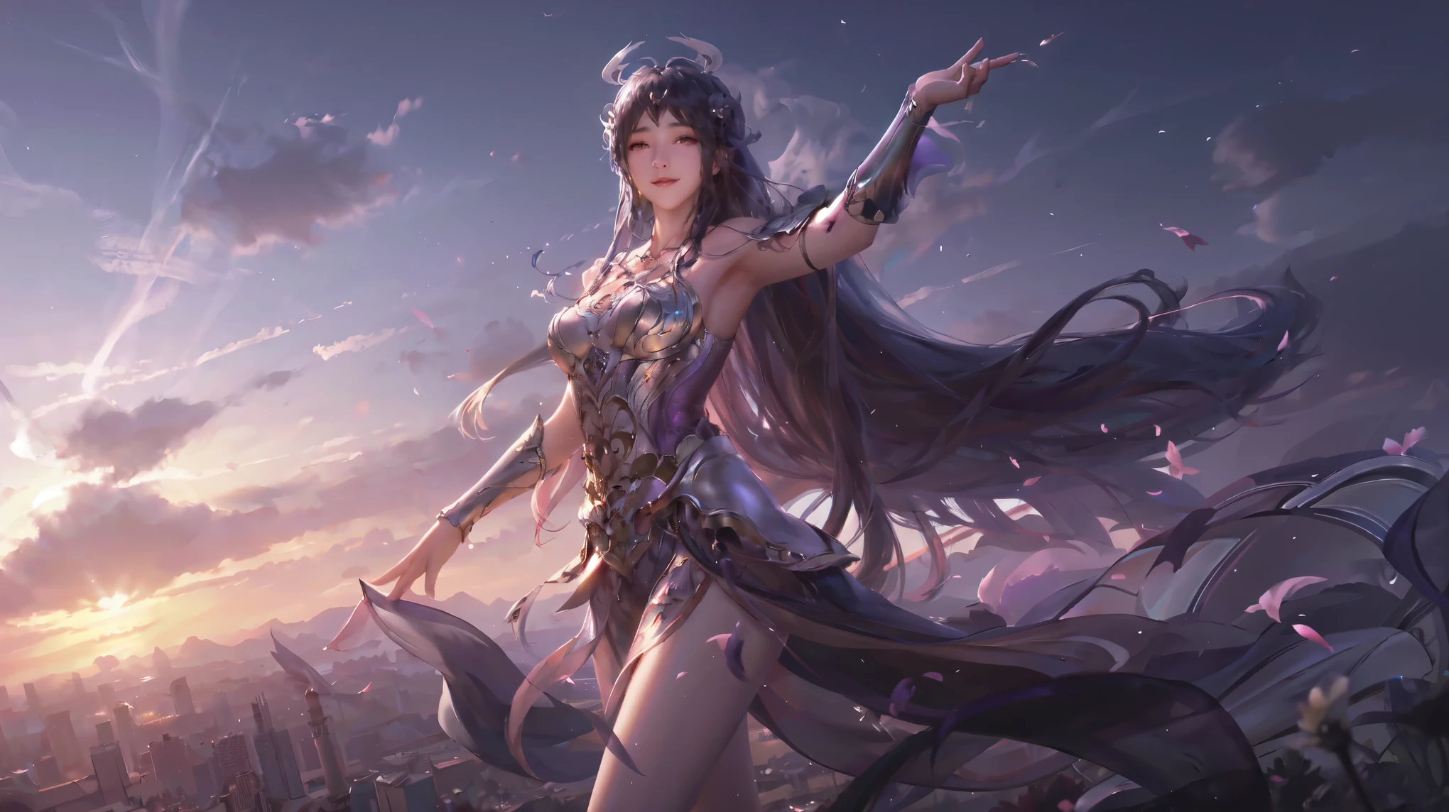 1 girl, wing, alone, barefoot, flower, long hair, Sky, skirt, flower瓣, outdoor, angel wing, Keep, Keep flower, cloud, eyes closed, feathered wing, purple hair, Wind, site，（（dynamic poses，Cheerful，Laugh heartily，enthusiasm，smile））high-definition，8k，4k，4K detail fantasy，8k high definition wallpaper jpeg artifact，amazing