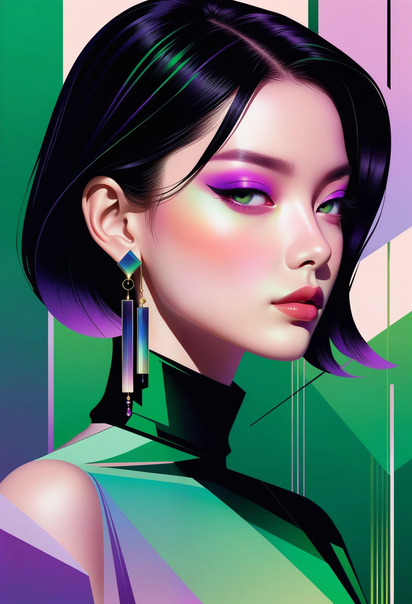 (((vector，flat form style，illustration，数字艺术illustration)))，1 girl，Unique，pretty face，earrings，portrait，Shoulder，Black high neck，Geometric gradients，gradient lines，artistic conception，Abstract，Minimalism，minimalist lines，portrait，purples and greens，Rhythmic lines，A perfume bottle