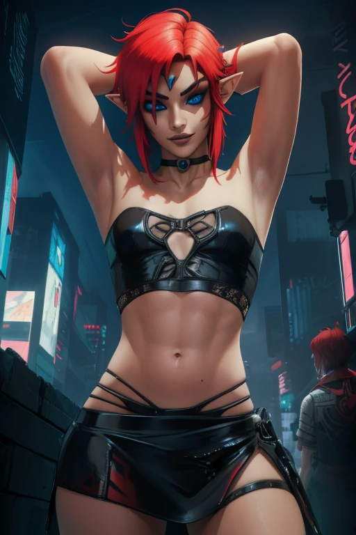 Link, boy, red hair,pointy ears,blue eyes, standing, smiling,  black eyeliner, lip gloss,  solo, Femboy, male,   cowboy shot,  
LGear, tube top, midriff,  toned,  choker, arms up,  
cyberpunk tavern, cyberpunk, 
(insanely detailed, beautiful detailed face, masterpiece, best quality)    