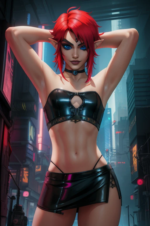 Link, boy, red hair,pointy ears,blue eyes, standing, smiling,  black eyeliner, lip gloss,  solo, Femboy, male,   cowboy shot,  
LGear, tube top, midriff,  toned,  choker, arms up,  
cyberpunk tavern, cyberpunk, 
(insanely detailed, beautiful detailed face, masterpiece, best quality)    