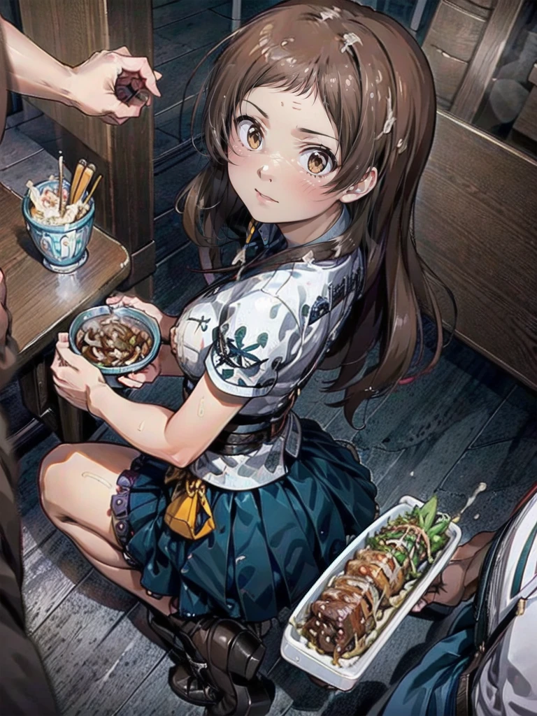 girl, solo, breasts, looking_at_viewer, smile, open_mouth, bangs, large_breasts, brown_hair, holding, brown_eyes, nipples, upper_body, nude, food, teeth, indoors, black_eyes, cup, table, plate, bowl, chopsticks, pov_across_table, ryokan, BREAK 2D, 8k, highres, masterpiece, super fine illustration, photo background, insanely detailed, blurry background, depth of field, natural light, soft lighting, perfect fingers, nice hands, perfect hands,((cum on body:1.9, cum on hair:1.9. cum on face:1.9, cum on mouths:1.3，cum on table 1.9)),multiple boys, peeing on a girl, facial, cum on mouth, cum on body, multiple penises, gangbang,holding penis))),ecstasy torogao, saliva trail, nose blush,smile,