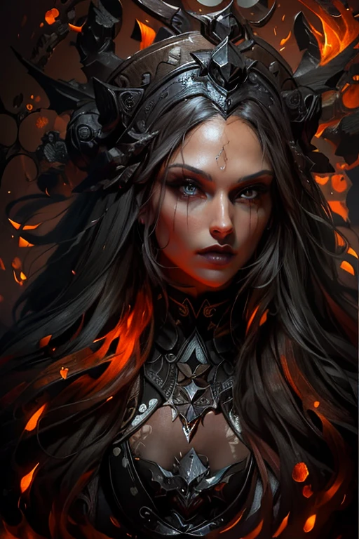 Lilith's descent with her black wings, face sharp as from a photo of high resolution (detailed face), full body, (whole body), with an aura of fire. Exclusive style of D14bl0, extremely detailed and high quality, 8k, cinematic, no serration, strokes and a famous artist, no blurred image, very well done strokes, no deformation in the eyes, mouth and nose, all drawn perfectly, leonardo da vinci style.