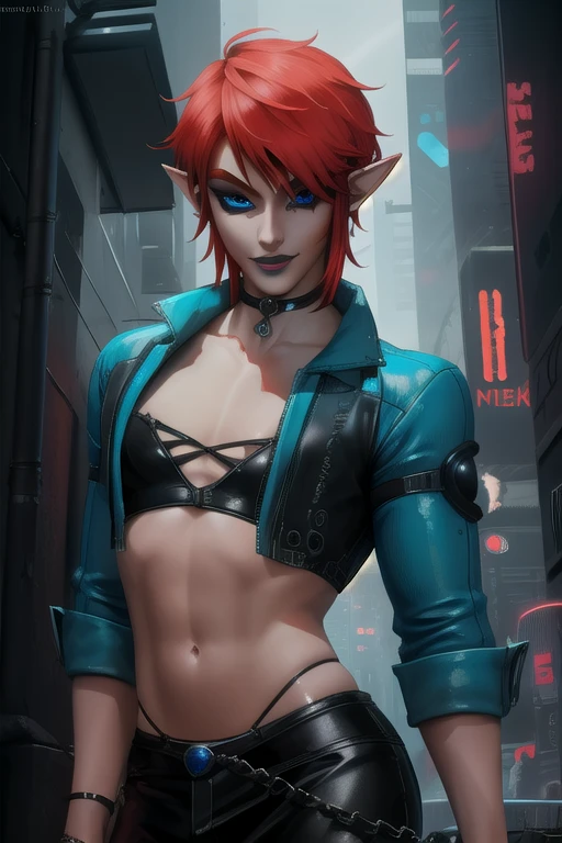 Link, boy, red hair,pointy ears,blue eyes, standing, smiling,  black eyeliner, lip gloss,  solo, Femboy, male,   cowboy shot,  
LGear, tube top, midriff,  toned,  choker,  
cyberpunk tavern, cyberpunk, 
(insanely detailed, beautiful detailed face, masterpiece, best quality)    