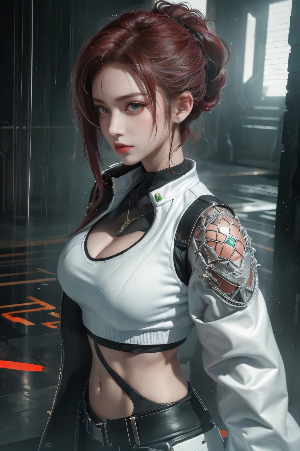 tmasterpiece,Best quality,A high resolution,8K,(Portrait photograph:1.5),(ROriginal photo),real photograph,digital photography,(Combination of cyberpunk and fantasy style),(Female soldier),20 year old girl,random hair style,By bangs,(Red eyeigchest, accessories,Redlip,(He frowned,Sneer),(Cyberpunk combined with fantasy style clothing,Openwork design,joint armor,police uniforms,White jacket,Green),exposing your navel,Photo pose,Realisticstyle,Thunder and lightning on rainy day,(Thunder magic),oc render reflection texture