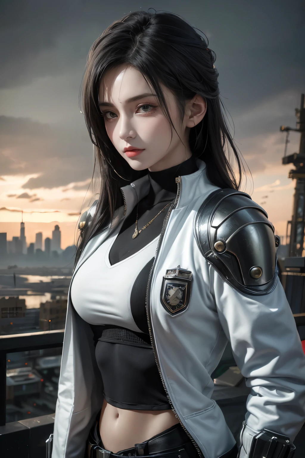 tmasterpiece,Best quality,A high resolution,8K,(Portrait photograph:1.5),(ROriginal photo),real photograph,digital photography,(Combination of cyberpunk and fantasy style),(Female soldier),20 year old girl,random hair style,By bangs,(Red eyeigchest, accessories,Redlip,(He frowned,Sneer),(Cyberpunk combined with fantasy style clothing,Openwork design,joint armor,police uniforms,White jacket,Green),exposing your navel,Photo pose,Realisticstyle,Thunder and lightning on rainy day,(Thunder magic),oc render reflection texture