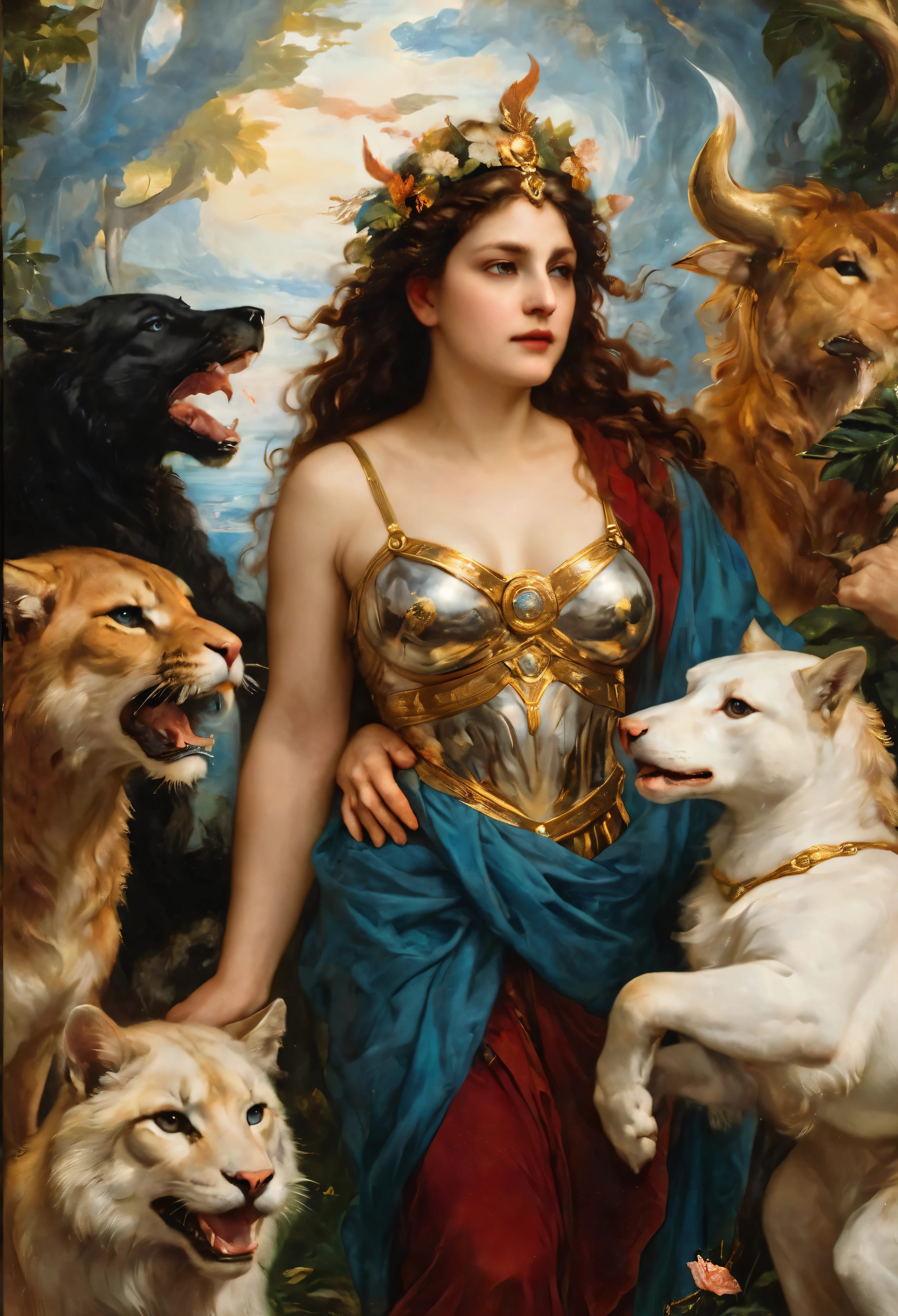 uma obra de arte em pintura a óleo representando a deusa grega Circe da mitologia grega ou romana, inspirado no estilo de pintura de Peter Paul Rubens. Capture a presença mágica e encantadora de Circe com uma aura mística, cercado por encantamentos e criaturas míticas. Infundir a pintura com cores vibrantes, iluminação dramática, e detalhes intrincados característicos do estilo dinâmico e emotivo de Rubens. Deixe o poder e a beleza de Circe brilharem em um retrato cativante que dá vida à sua essência mitológica na tela., obra de arte, premiado, melhor qualidade, Altamente detalhado, artwork impecável, bela natureza ao fundo, 