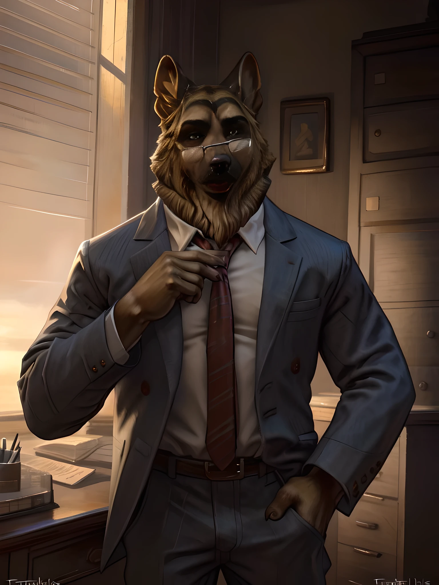 smirnov, 4k, high resolution, best quality, posted on e621, solo, anthro body, male, adult, masculine, muscular, correct anatomy, correct proportions, detailed eyes, detailed face, (by Taran Fiddler, by Rukis), (at an office), tender smile, speaking mouth, looking at viewer, epiCSepia, soft lighting, romantic, glasses, 