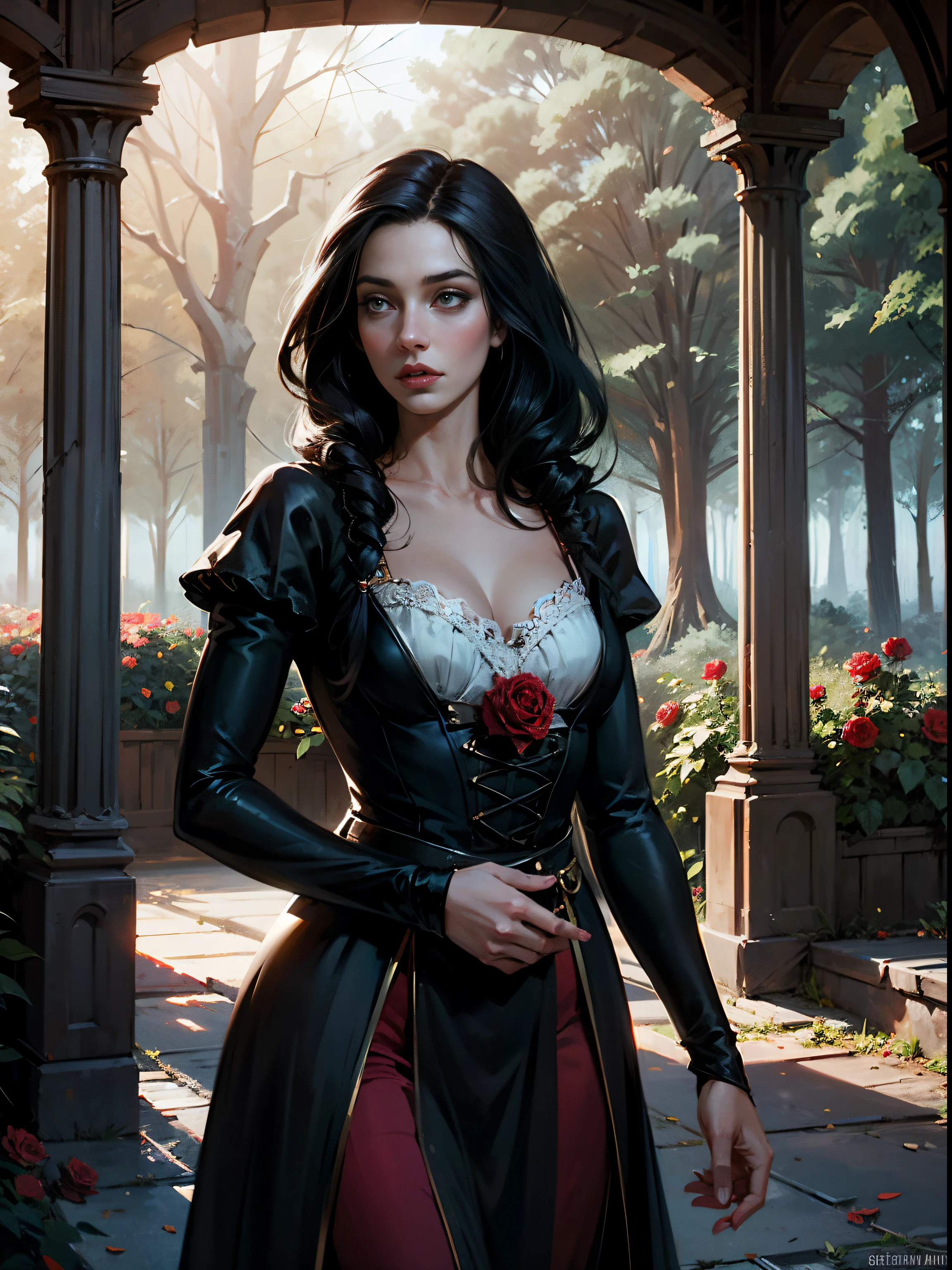 fantasy, rose bushes, roses everywhere, light, forest, ruined gazebo, German appearance, a girl of 2, with long black hair, in a simple red dress of the 16th century, looks like Adelaide Kane. hd