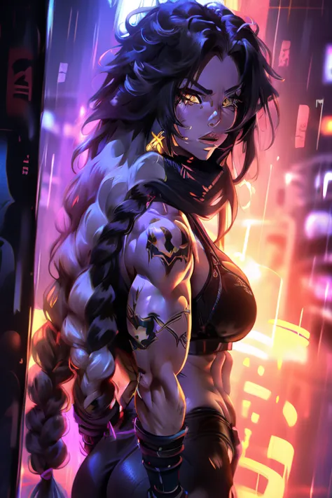 extremely long hair messy hair wavy hair hair between eyes black hair yellow eyes pale skin upset muscle girl muscle girl muscle...