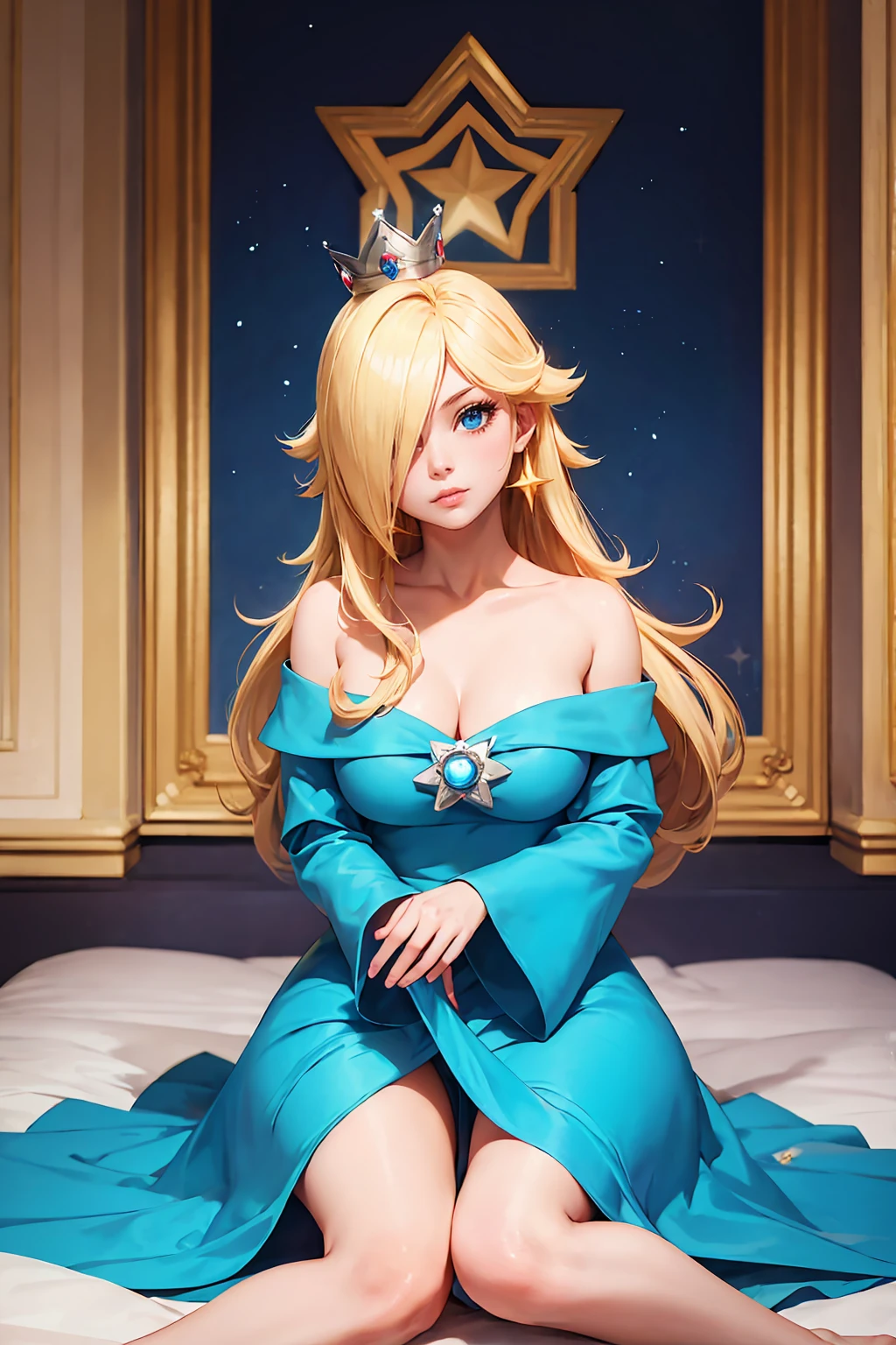 (Meisterwerk), beste Qualität, ausdrucksstarke Augen, perfektes Gesicht, highres, 1 Mädchen, Allein, Rosalina, Blondes Haar, blaue Augen, Haare über einem Auge, lange Haare, blue Kleid, Krone, Kleid, Ohrringe, Schmuck, Prinzessin, robe, nackten Schultern, barfuß, star Ohrringe, Raum, Sternenhimmel Hintergrund, glühende Partikel, gute Ausleuchtung, auf dem Boden sitzen, Porträt, den Betrachter anschauen