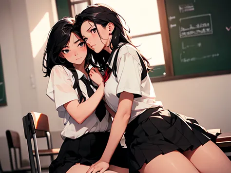 cinematic shot, masterpiece, 2 beautiful females teacher and school girl sitting on each other (arm on neck choking:1.2), pushin...