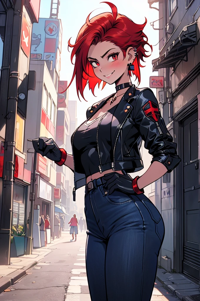 a Sukeban girl in the art style of persona5 and in the art style of street of rage 4, delinquent, (Sukeban), mature female, blush, mature, older woman, 26 years old, Sukeban teacher outfit, ((((1girl, solo female, solo, solo focus:1,9)))++++, choker, Sukeban teacher, Sukeban fighter, long sleeves, open jacket, blue jacket,( jeans)+++, light skin tone female, (full body)+++++, jacket, biker jacket, tape, arm support, gloves, red gloves, bridal gauntlets, nail polish, boots, black footwear, fighter outfit, (full body)+++++++, hourglass, mature face, cheeky smile, cheeky face, wrinkles, (((((red hair, short hair, earrings, ear piercings)))), red eye, fighting art, Martial arts, standing, fighting stance, fight, fighting), extra colors, 2D, megapixel, perfectionism, accent lighting, full HD , (Masterpiece:1.2), (full-body-shot:1),(cowboy shot:1.2), (Highly detailed:1.2),(anime Detailed Face:1.2), Colorful, A detailed eye, (Detailed landscape:1.2), (natural lighting:1.2), ((Sukeban school teacher)) by Vincent Di Fate: Aidyllery, Anamorphic Shot, rule of thirds, face by Artgerm and WLOP, ((street of rage 4 city backround)), fictive city backround in the style art of street of rage 4, gainax anime style, studio gainax art, studio gainax illustration, inspired by Masamune Shirow, studio gainax, by Masamune Shirow, beautiful charcter from evangelion, street of rage 4 art, street of rage 4 illustration,