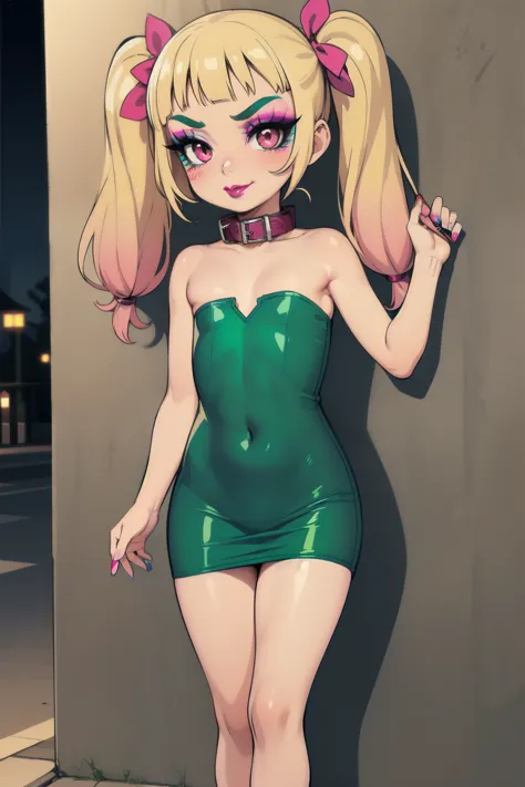 1girl,solo,(shiny clothes),(pink strapless),tight dress, midriff,pencil skirt,highleg,green skirt, twintails, (loli:1.8),eyelashes, (makeup:1.6),(lipstick:1.4), (night:1.3), flat chest, pink eyes, blonde hair, smirk, alley,against wall, partially visible v...
