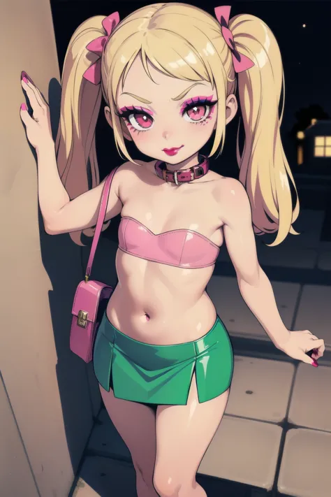 1girl,solo,(shiny clothes),(pink strapless),tight dress, midriff,pencil skirt,highleg,green skirt, twintails, (loli:1.8),eyelashes, (makeup:1.4),(lipstick:1.4), (night:1.3), flat chest, pink eyes, blonde hair, smirk, alley,against wall, partially visible v...