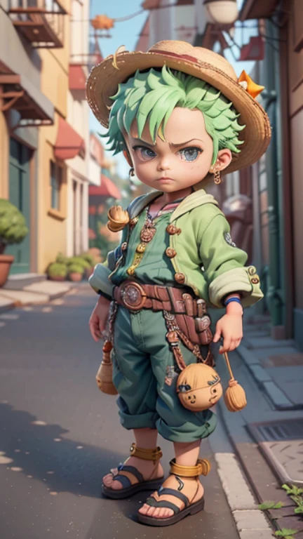 かわいい 3d render, かわいい detailed digital art, male explorer mini かわいい boy, かわいい digital painting, 様式化された 3D レンダリング, かわいい digital art, かわいい render 3d anime boy, 小さな海賊ゾロが見上げる, かわいい! c4d, アニメの海賊少年の肖像画, 彼は4つのボタンが付いた開いた長袖の緑のカーディガンを着ています。, 腰に黄色い帯を巻いて, 袖口付きの青いショートパンツ, サンダル, 麦わら帽子.