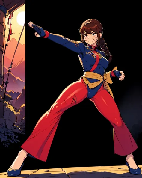 lei kugo, solo, live a live, chinese clothes, traditional clothes, action pose, full body, brown hair, braided hair, martial art...