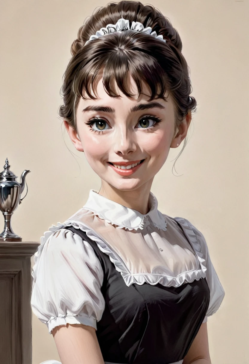 real,empregada doméstica,Um rosto tão delicado quanto Audrey Hepburn (melhor qualidade, obra de arte, foto original,super detalhado:1.2), 1 garota,sozinho,olhando para o público,sorriso