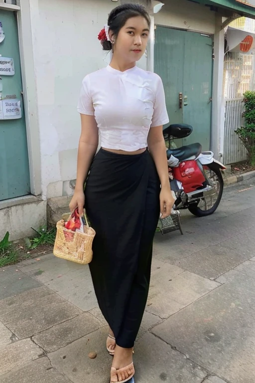 A Nurse is walking on the street in Yangon.A Nurse is Tall, thin, big hips, big breasts, black hair, small lips, brown eyes, attractive, 64K.Top=white Burmese blouse,With short sleeves,Buttoned at the side.Bottom=Red long skirt.
Footwear=female Burmese sandals,The hair is knotted bun.