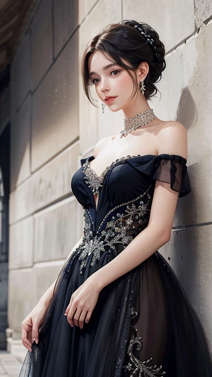Une femme élégante vêtue d'une robe de soirée étincelante, with sparkling earrings and a sophisticated hairstyle.