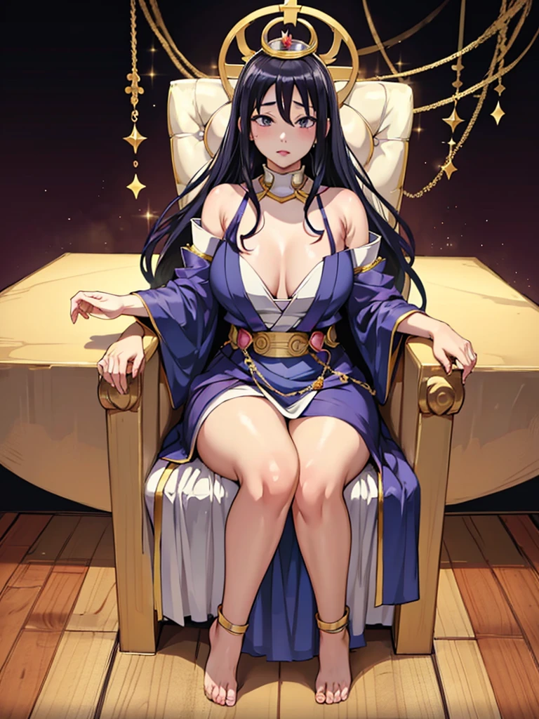 hinata hyuga, sitting on a throne, queen, jewellery, crown, throne room background, white grown, extremely high quality, 4k, bold facial expression