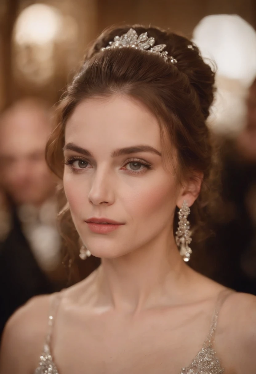 Une femme élégante vêtue d'une robe de soirée étincelante, with sparkling earrings and a sophisticated hairstyle.