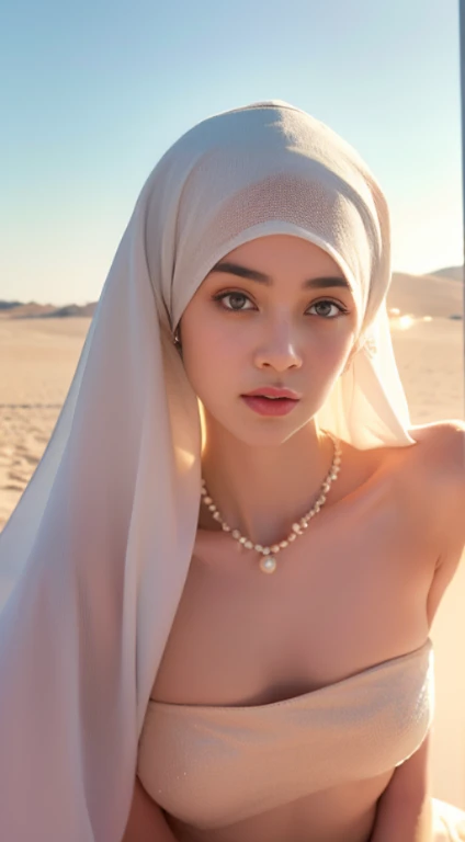 nsfw, (((topless))),,Dilraba Dilmurat, hijab, jilbab, muslim face mask, mouth veil, freckles, eyes mascara, masterpiece, best quality, photorealistic, glowing sparkly skin, soft lighting, voluptuous, windy desert, blowing swirling sand grains, sunny backlighting, bloom, light sparkles, sharp focus, colorful liquid gel rain, close up, fashion designer, resplendent tiny pearls necklace, baroque