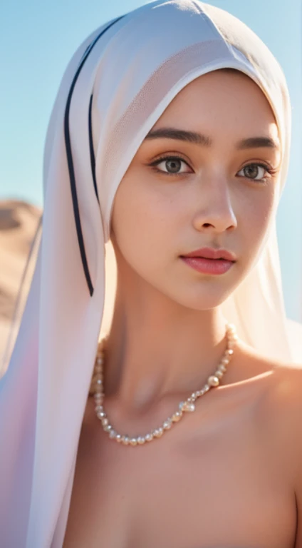 nsfw, (((topless))),,Dilraba Dilmurat, hijab, jilbab, muslim face mask, mouth veil, freckles, eyes mascara, masterpiece, best quality, photorealistic, glowing sparkly skin, soft lighting, voluptuous, windy desert, blowing swirling sand grains, sunny backlighting, bloom, light sparkles, sharp focus, colorful liquid gel rain, close up, fashion designer, resplendent tiny pearls necklace, baroque