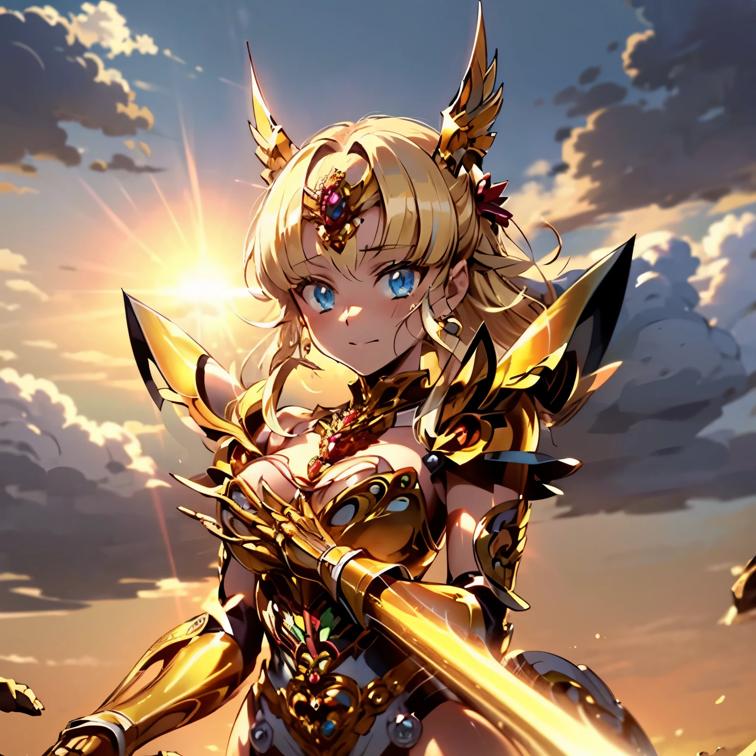 ((best quality)), ((masterpiece)), (detailed), 1girl, nadja, garo, bodysuit, gold armor, blue eyes, dawn, sun, clenched hands