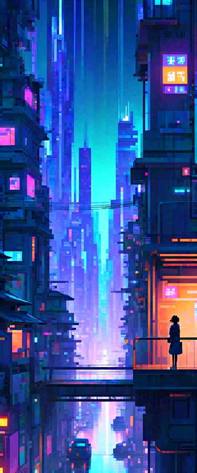 lo-fi, chill, Cyberpunk, Cidade, Cidade do futuro, Futurismo, tons de azul e roxo, Lovely, Detailed buildings, Very tall and majestic tall buildings, night time, Beleza, Beleza, ao ar livre, uma lua grande, The atmosphere is disturbing, On the bridge is a small black silhouette of a young girl