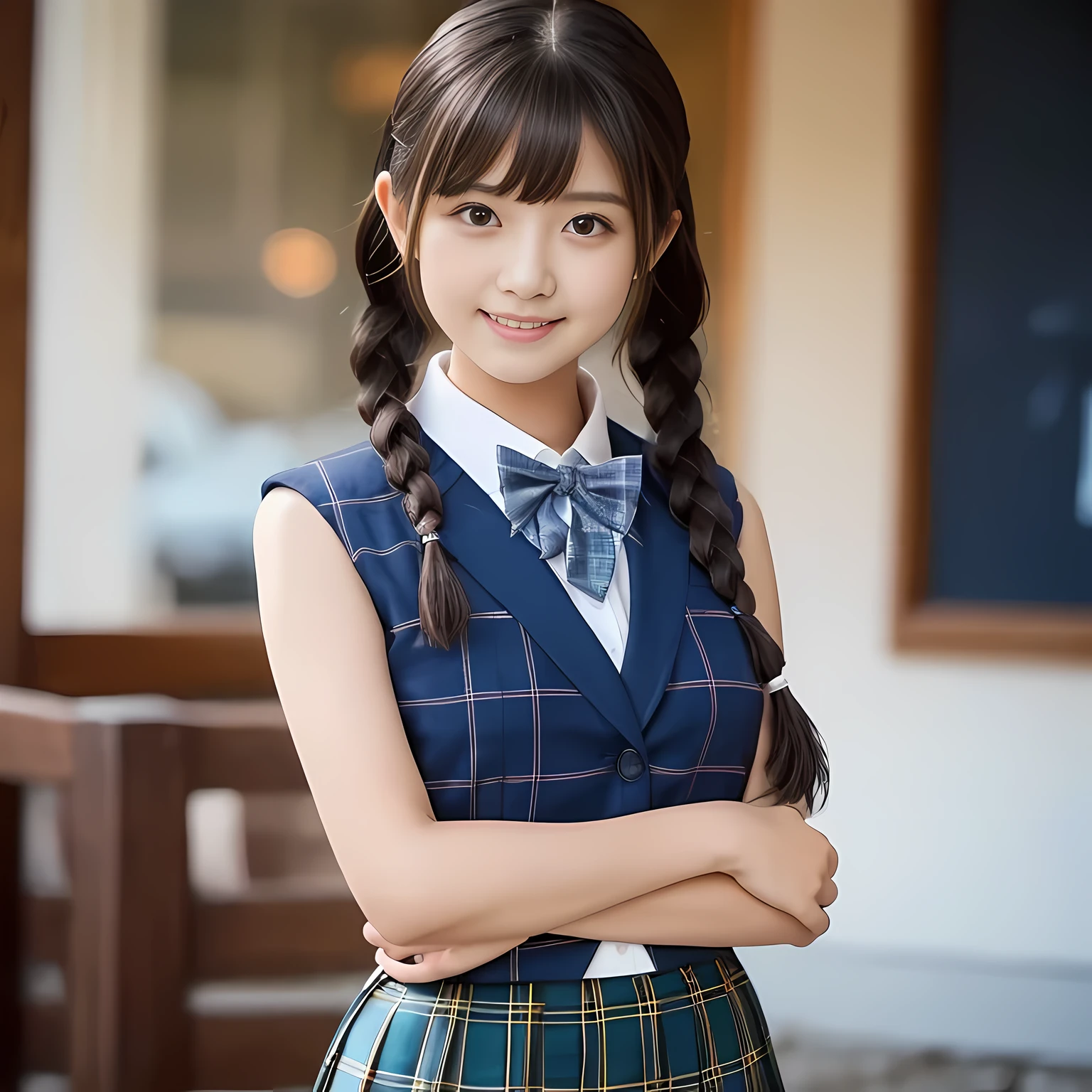 (highest quality、masterpiece:1.2)、highest quality、realistic、photograph、High resolution、1080p、8K、rough skin、physical rendering、one Japanese girl、、cute, 13 years old, , (((big very detailed beautiful dark brown eyes))), ((girly large wine-red glossy polyester Japanese school ribbon bow tie)), ((((very beautiful long braids hair)))), ((((dark blue blue blue & deep navy colored tartan checkered formal longer pleated skirt)))), ((A formal dark blue blazer that is slightly oversized and has an emblem on the left chest.)), ((Watching the viewer and laughing)), Very fun, Very happy, mouth is open, the skirt is so cute, detailed fingers, modest chest, ((curled bangs)), so beautiful, long eyelashes, (((Touching your hair with your hands))), ((The impressive and very, very, very cute eyes of a Japanese girl)), double eyelids, The entire skirt is photographed, very kind face, thin eyebrows