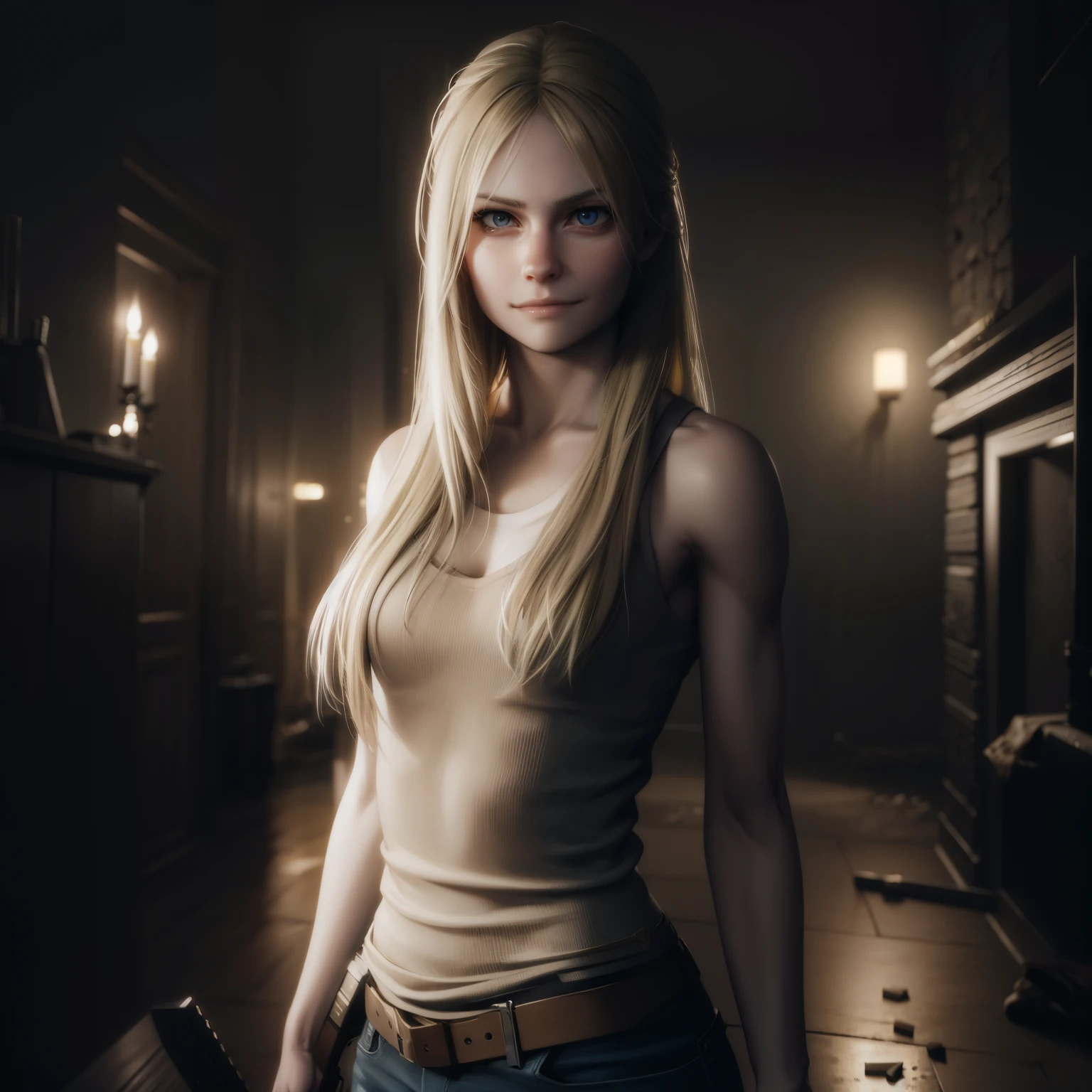 Best quality, photorealistic , little smile, long blonde hair, white tanktop, holding a weapon, glare expression, by unreal engine