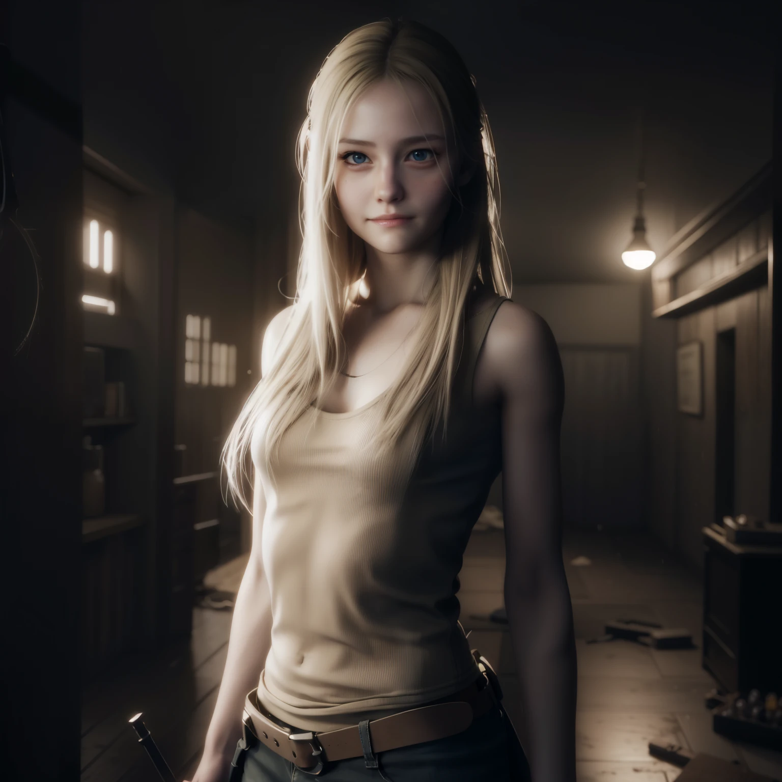 Best quality, photorealistic , little smile, long blonde hair, white tanktop, holding a weapon, glare expression, by unreal engine