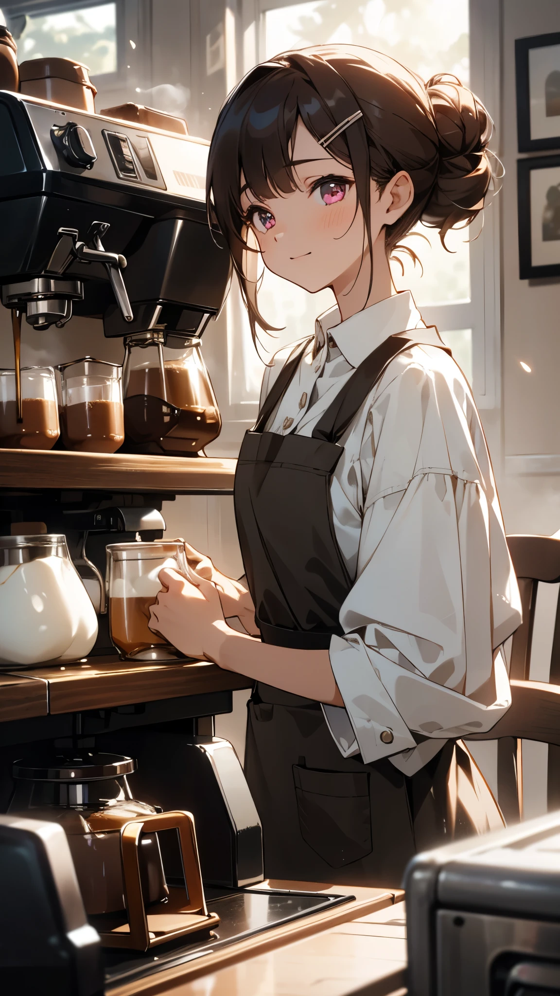 (table top), highest quality,  girl working at a coffee shop, She is making coffee in a machine, Coffee making, perfect face, expressive eyes, brown apron, Coffee shop seen from inside, Silver and bob short hairstyle, I tied my hair into a bun with a hair clip., pink eyes, pretty girl,upper body close-up、comfortable, realistic, 4k, Complex, be familiar with, comfortable lights, perfect lighting, tracked light, warm colors, table chair, daily life, modern, elegant, (relaxed atmosphere), peaceful, aromatic,Happy,happiness, white shirt, barista, soft,  humble,delicate, kind, contrast, Bright colors, Bokeh, (perfect coffee machine),  (soft), shine, shineing eyes
Break she's making coffee, There is a table with a cup on the left hand, There is a coffee machine on the table, Steam is coming out of the cup, Delicious coffee