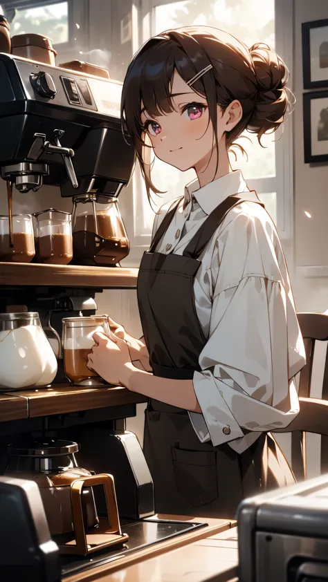 (table top), highest quality,  girl working at a coffee shop, She is making coffee in a machine, Coffee making, perfect face, ex...