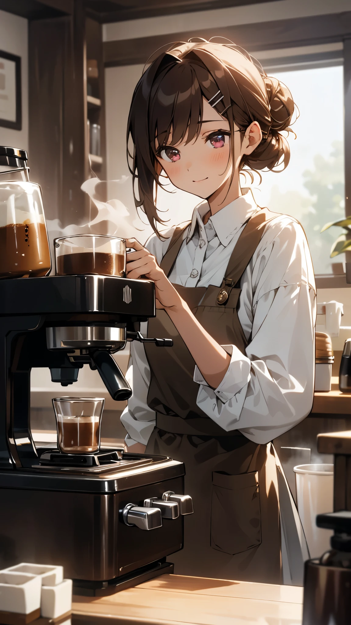 (table top), highest quality,  girl working at a coffee shop, She is making coffee in a machine, Coffee making, perfect face, expressive eyes, brown apron, Coffee shop seen from inside, Silver and bob short hairstyle, I tied my hair into a bun with a hair clip., pink eyes, pretty girl,upper body close-up、comfortable, realistic, 4k, Complex, be familiar with, comfortable lights, perfect lighting, tracked light, warm colors, table chair, daily life, modern, elegant, (relaxed atmosphere), peaceful, aromatic,Happy,happiness, white shirt, barista, soft,  humble,delicate, kind, contrast, Bright colors, Bokeh, (perfect coffee machine),  (soft), shine, shineing eyes
Break she's making coffee, There is a table with a cup on the left hand, There is a coffee machine on the table, Steam is coming out of the cup, Delicious coffee