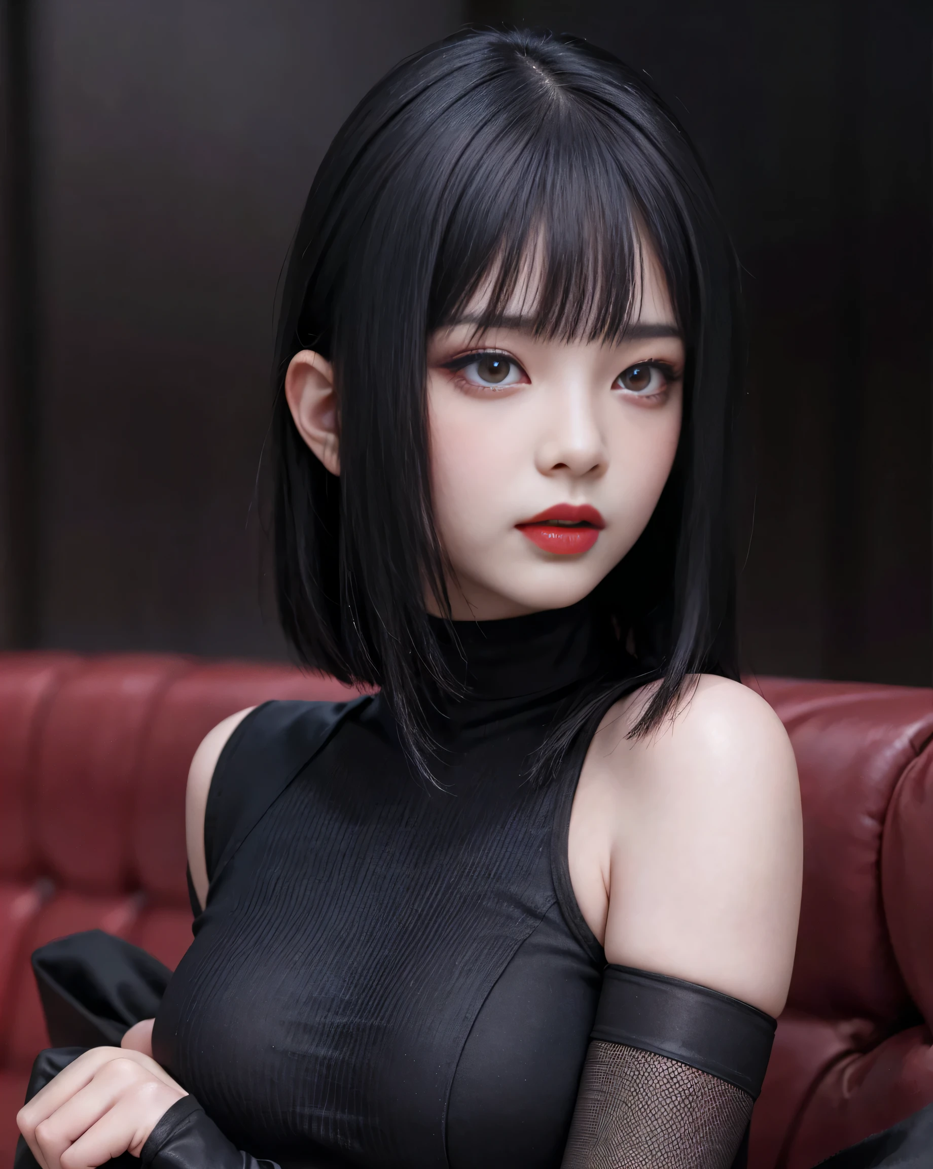 (highest quality,High resolution),(realistic:1.37),dark,goth,woman, eye,detailed face,black clothes,bob cut black hair,straight bangs,pale skin,red lipstick,intense expression,mysterious atmosphere,gothic background,thin dark lighting,night,Bright colors, fishnet, topless, whole body, on her hands and knees, Obedient girl, thick thighs, Impending deepthroat, Cumshot pose,