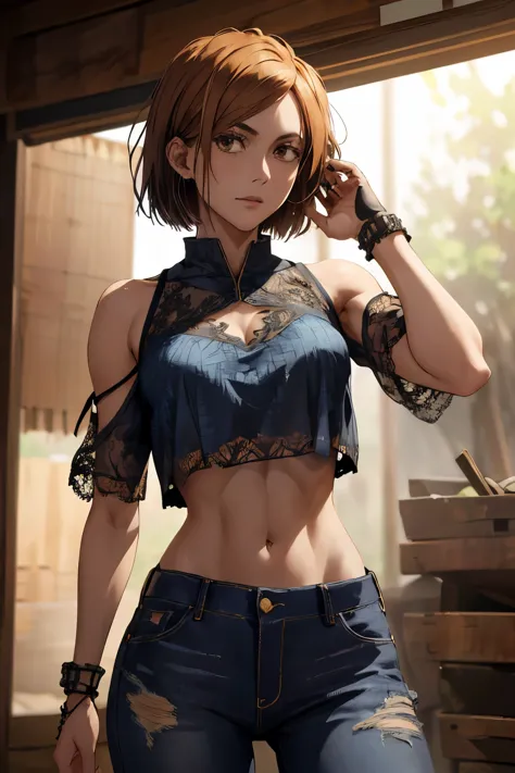 1girl, cowboy shot, beautiful Nobara, crop top, jeans, bangs,black bikini,, volumetric lighting, best quality, masterpiece, intr...