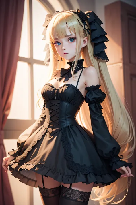 1girl bare_shoulders black_dress blonde_hair blue_eyes dress goth_fashion gothic gothic_lolita green_eyes lolita_fashion long_ha...