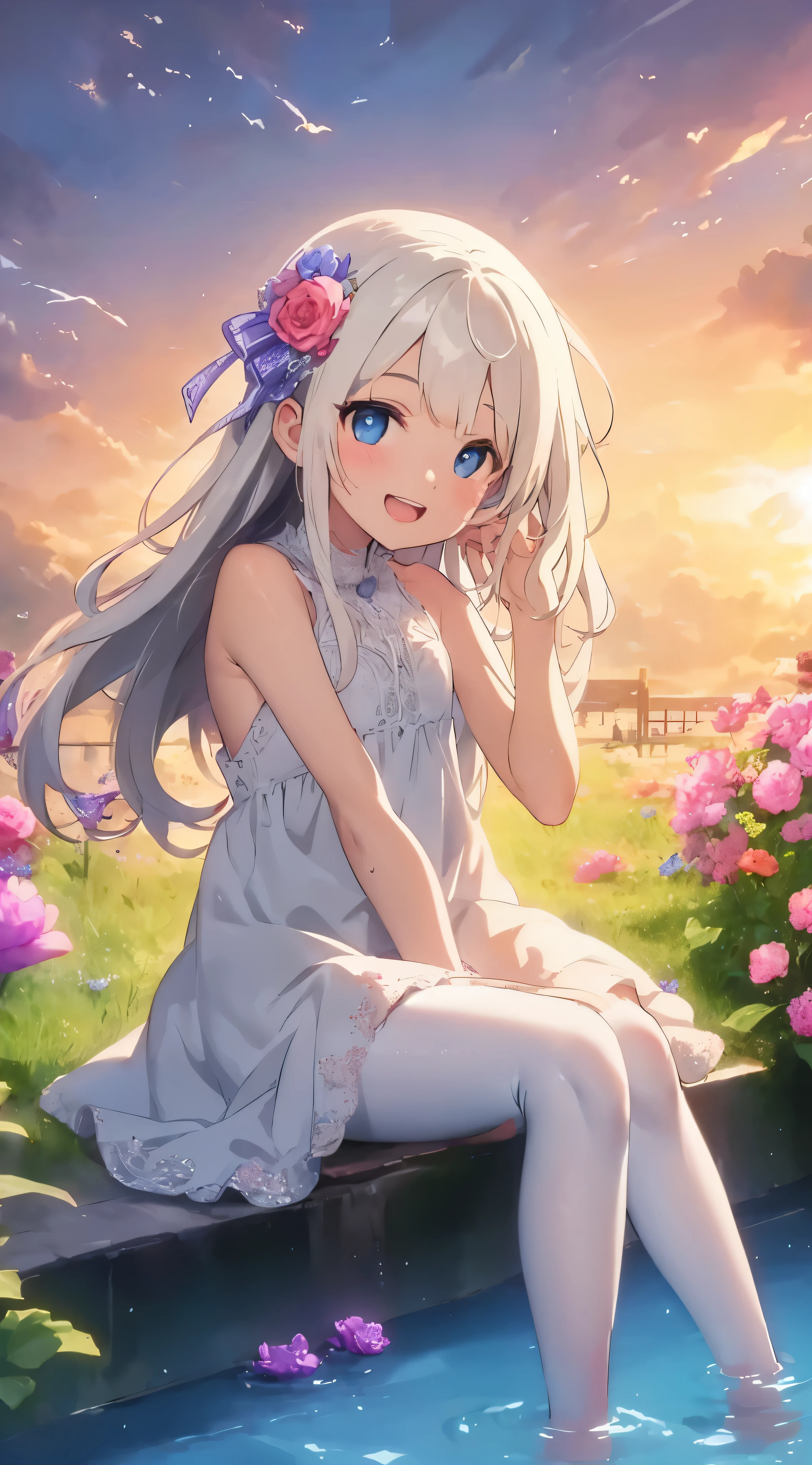 Anime girl sitting on a ledge in a garden with flowers - SeaArt AI