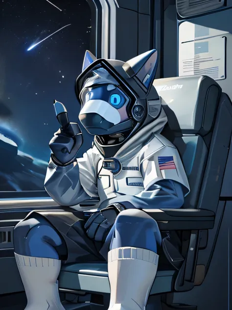 furry, dark blue cat, light blue eyes, wears a nasa astronaut outfit, the setting is a space with stars and planets, there are s...