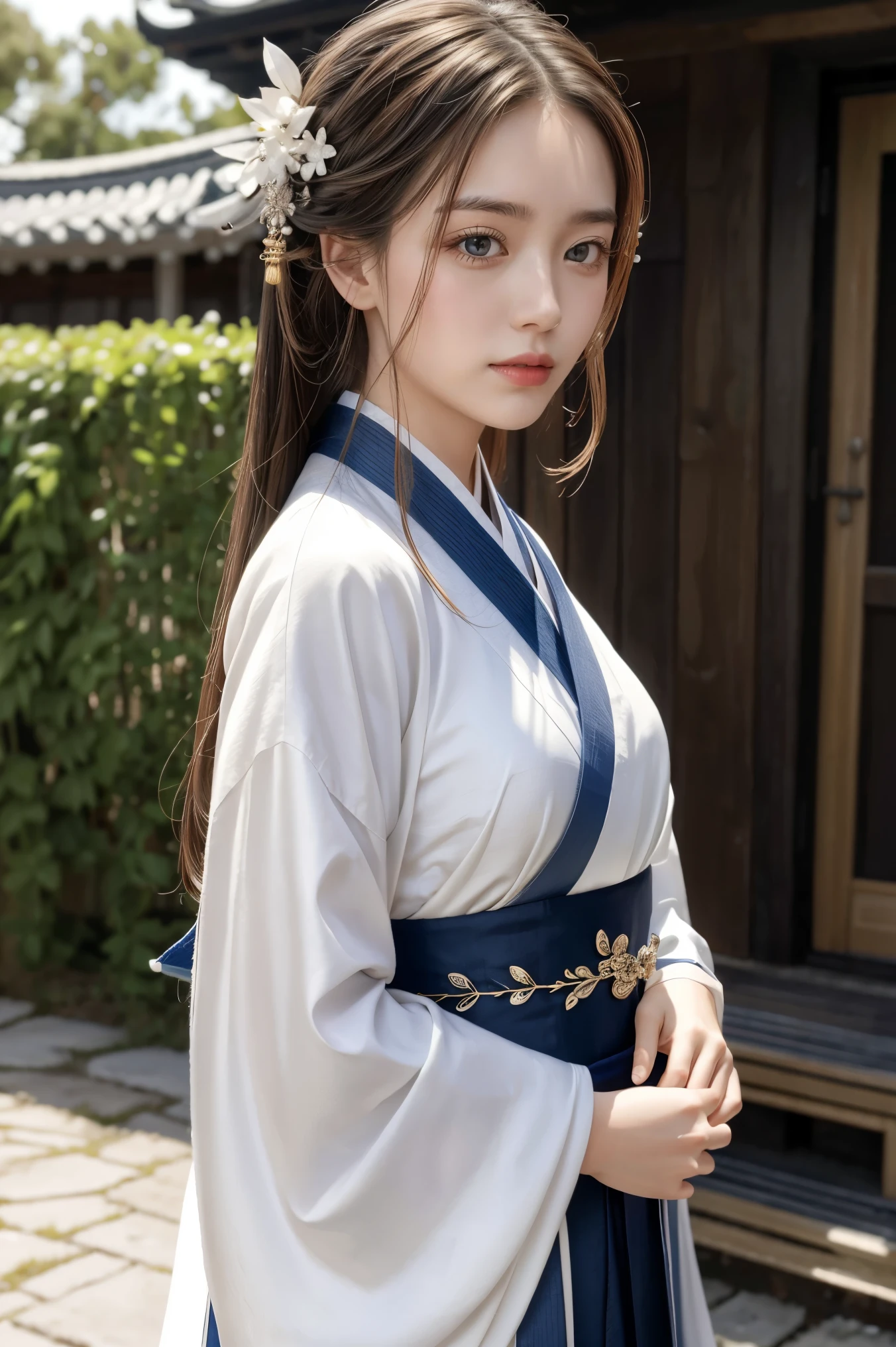 best quality, masterpiece, photo realistic, ultra realistic, raw photo, 1girl, hanfu, standing in front a house, hair ornament, bracelet, beautifull face, beautifull eyes, detailed background, finely detailed