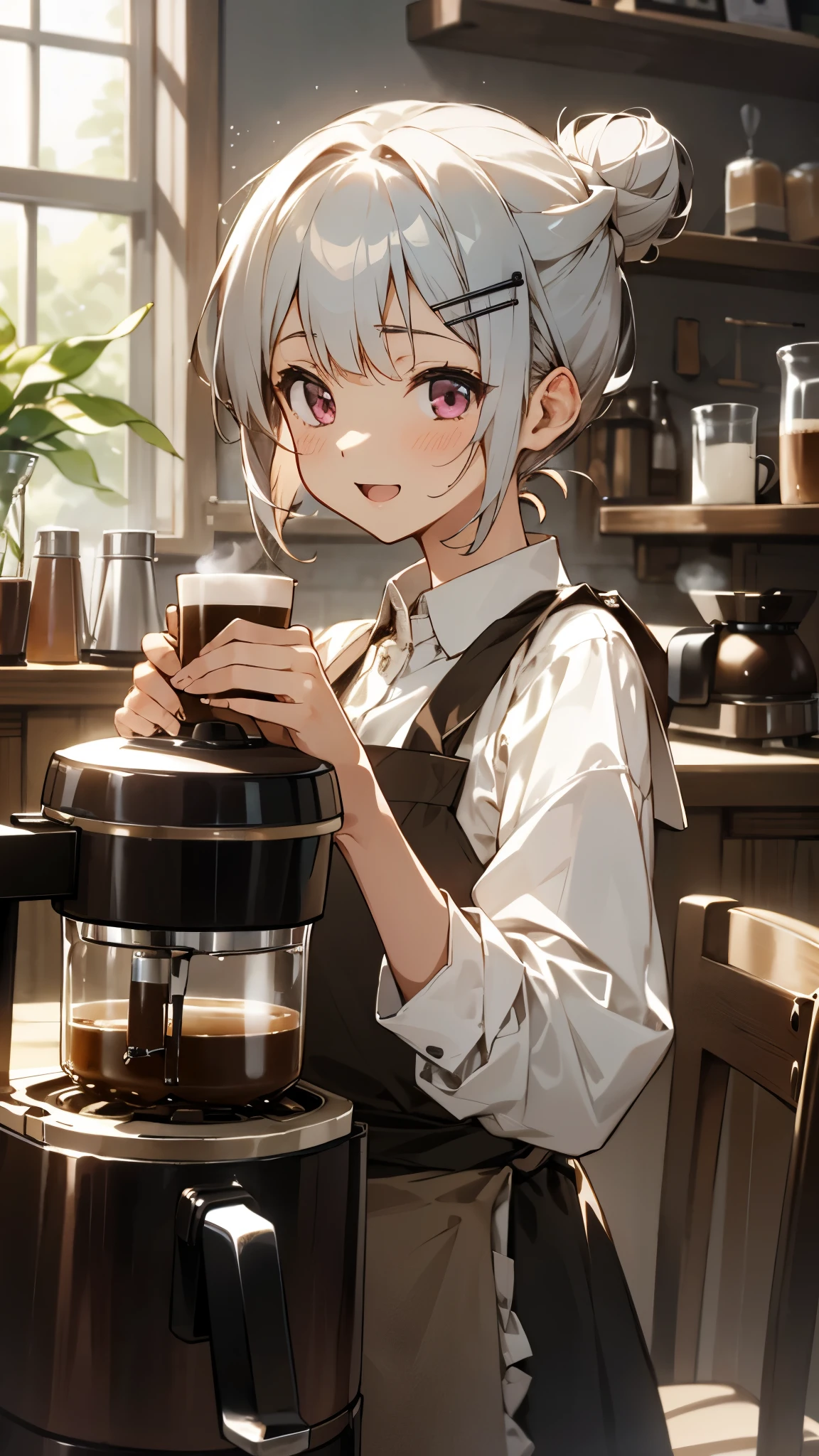 anime painting、１girl、solo、コーヒーショップで働くgirl、Silver and bob short hairstyle、I tied my hair into a bun with a hair clip.、pink eyes、smile、open your mouth、expressive eyes、upper body close-up、She is making coffee in a machine、Coffee making、brown apron、Coffee shop seen from inside、comfortable、realistic、4k、Complex、be familiar with、comfortable lights、perfect lighting、tracked light、warm colors、table chair、daily life、modern、elegant、(relaxed atmosphere)、peaceful、aromatic、Happy、happiness、white shirt、barista、soft、humble、delicate、kind、contrast、Bright colors、Bokeh、(perfect coffee machine)、(soft)、shine、shineing eyes、There is a table with a cup on it、There is a coffee machine on the table、Steam is coming out of the cup、Delicious coffee