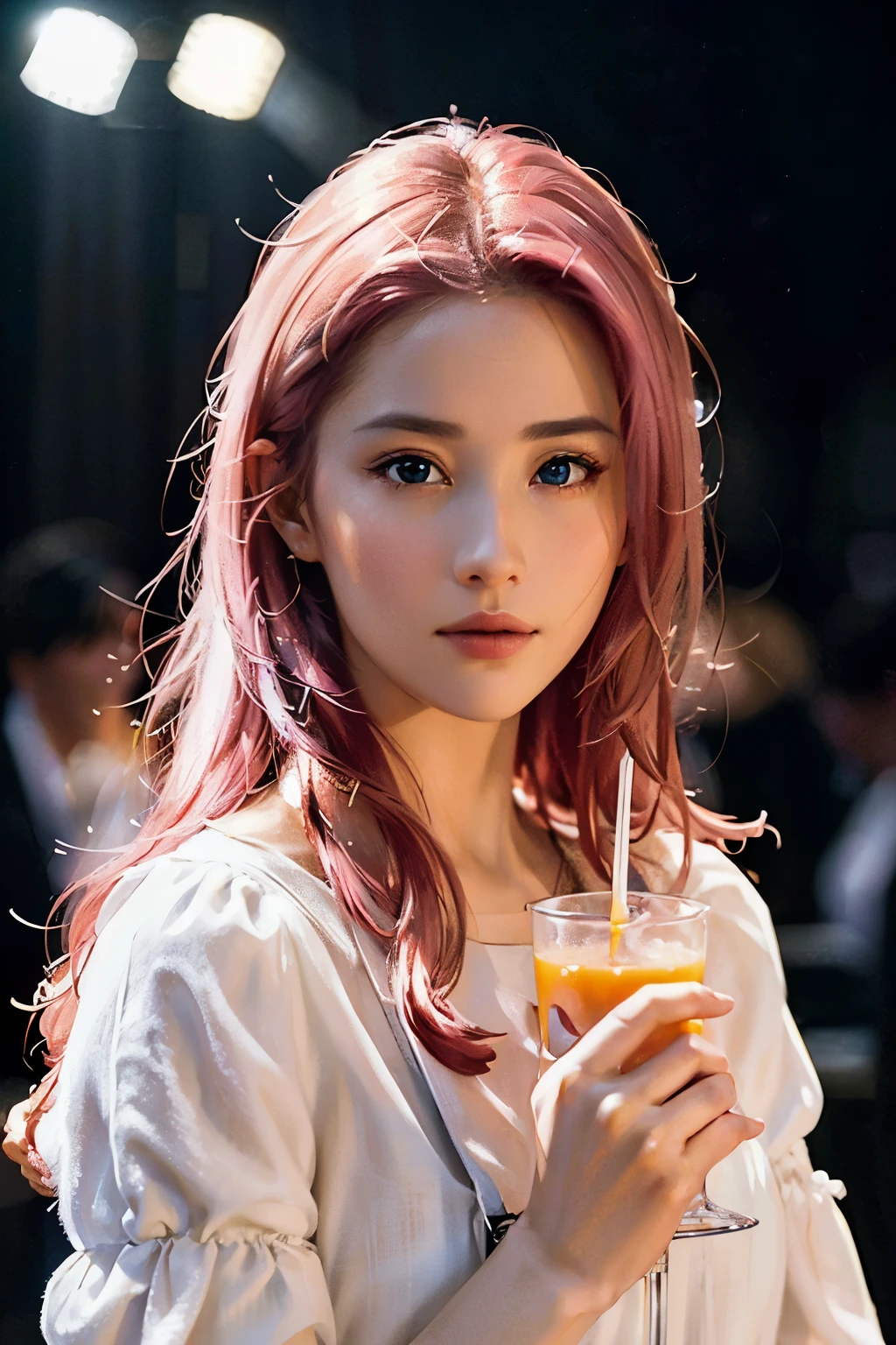 Seven part photos, masterpiece, best quality, official art,pink hair girl，（Drink orange juice：1.3），Enjoy the food，close shot， Goose sweater，White suspenders，Extremely detailed CG 8k wallpaper, ,  crystal texture skin, cold expression, pink hair, long hair, messy hair, looking at the audience, extremely delicate and beautiful,   ((beautiful and delicate eyes)), Very detailed, movie lighting,((pretty face), (original figure painting), super detailed, Very detailed,  (extremely delicate and beautiful), beautiful and delicate eyes, 