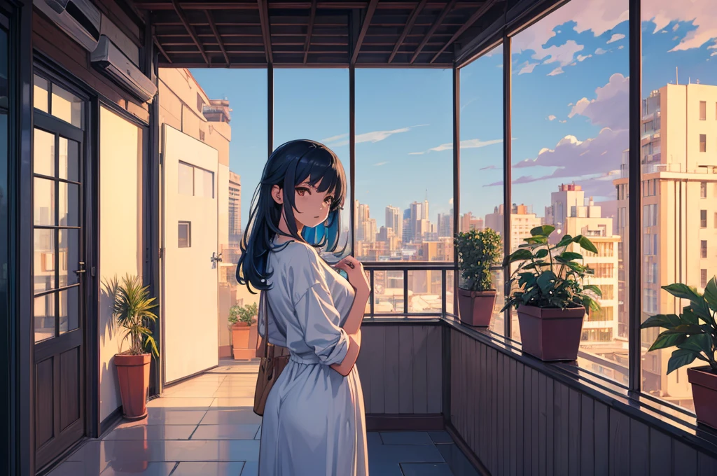 Detailed background, landscape, window, air conditioner, building, Outdoors, Potted plants, concrete, (Illustration:1.0), masutepiece, Best Quality, Potted plants, Cloudy sky, evening, early evening　zori, Girl watching viewer, blue shadow