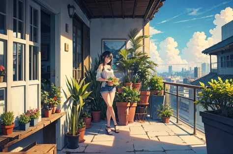 Detailed background, landscape, window, air conditioner, building, Outdoors, Potted plants, concrete, (Illustration:1.0), masute...